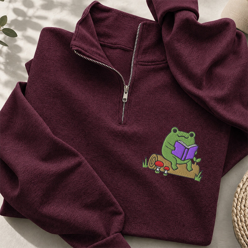Embroidered Cute Reading Frog Classic Quarter Zip Sweatshirt