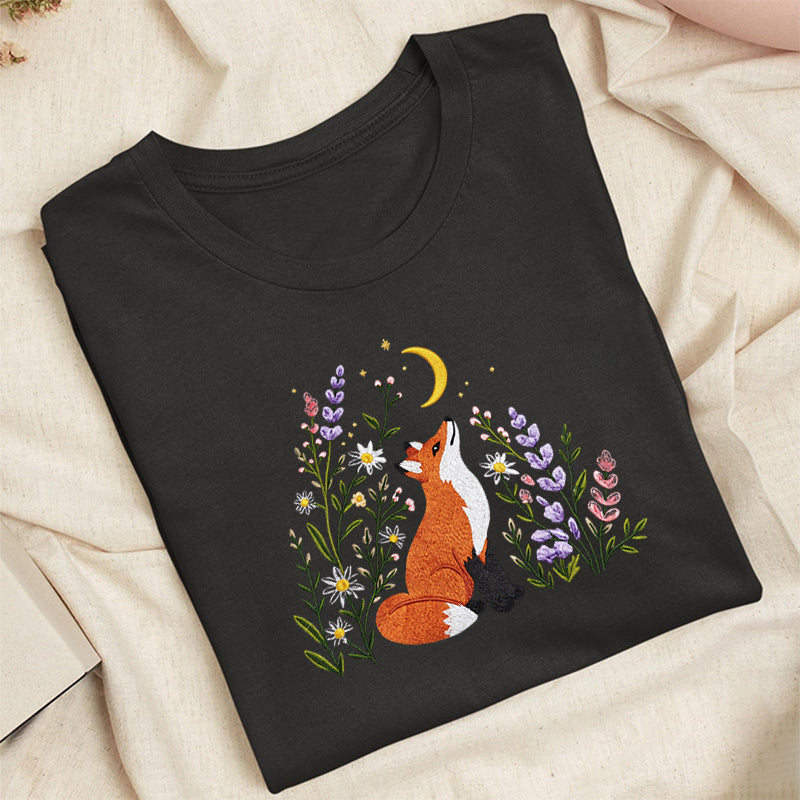 Embroidered Fox Wildflower Classic Adult Unisex Crew Neck T-Shirt