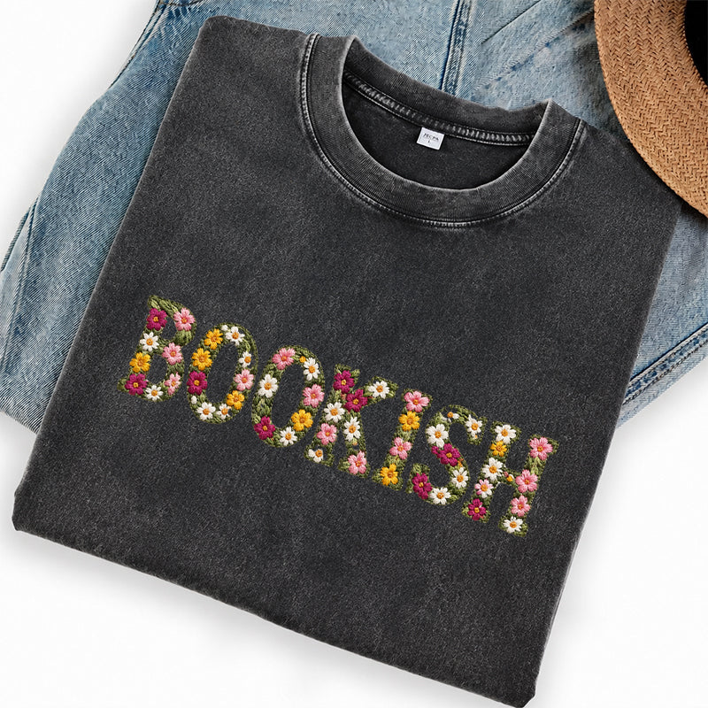 Embroidered Floral Bookish Washed Crew Neck T-Shirt