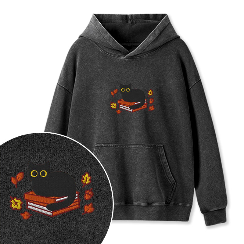 Embroidered Autumn Black Cat Book Washed Hoodie