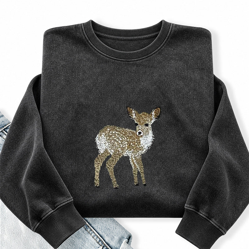 Embroidered Forest Deer Washed Crewneck Sweatshirt