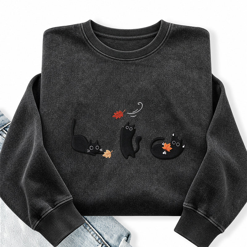 Embroidered Black Cats and Fall Leaves Washed Crewneck Sweatshirt