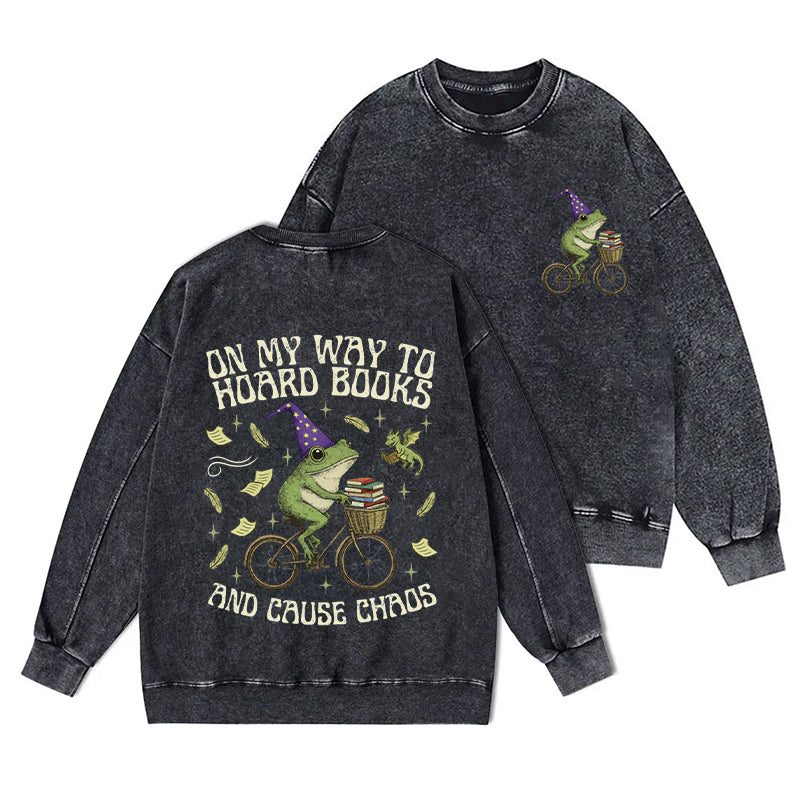 Off To Hoard Books Bookish Frog Washed Crewneck Sweatshirt