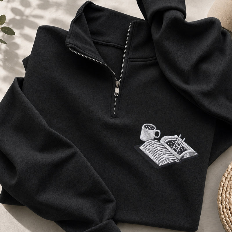 Embroidered Coffee & Reading Classic Quarter Zip Sweatshirt