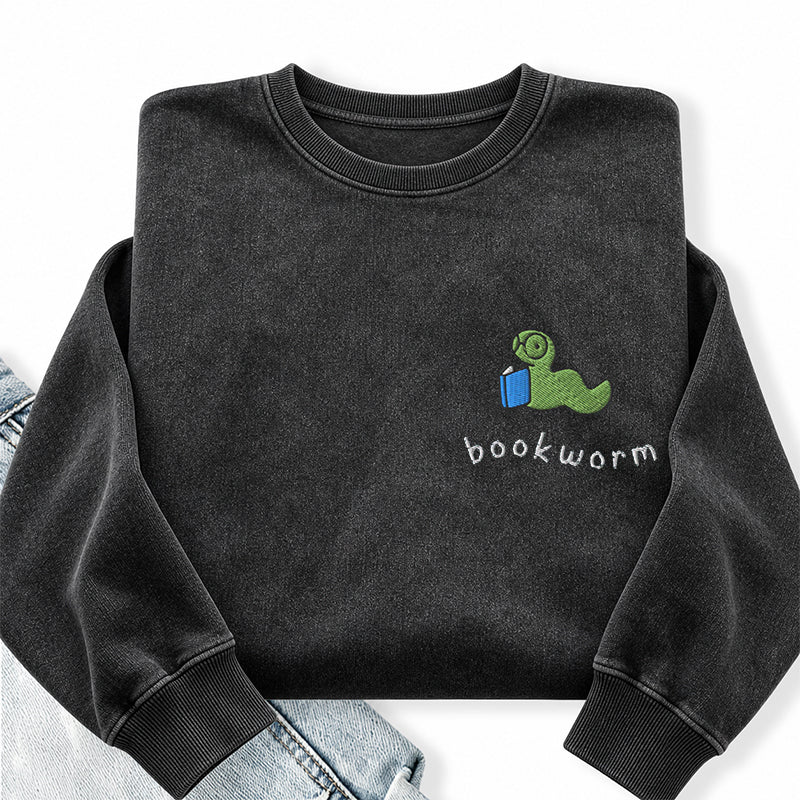 Embroidered Bookworm Washed Crewneck Sweatshirt