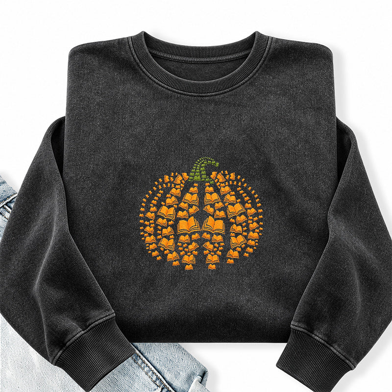 Embroidered Book Pumpkin Washed Crewneck Sweatshirt