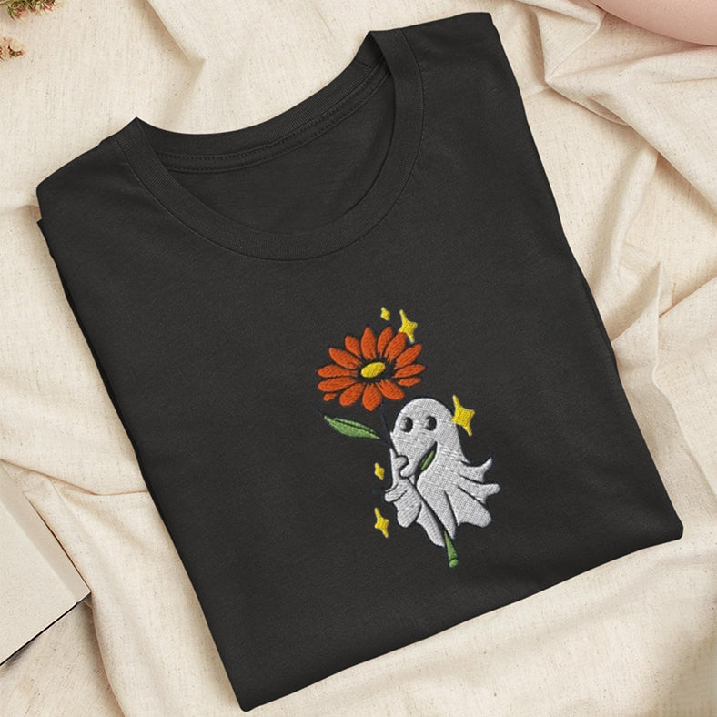 Embroidered Ghost Holding a Flower Classic Adult Unisex Crew Neck T-Shirt