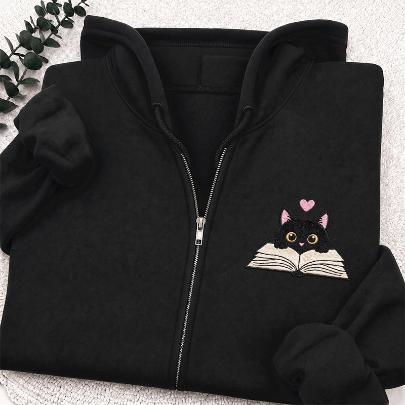 Embroidered Reading Black Cat Classic Adult Unisex Full Zip Hoodie