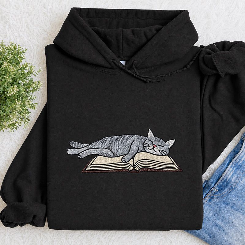 Embroidered Cat Sleeping On Book Classic Adult Unisex Hoodie