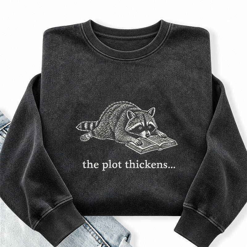 Embroidered The Plot Thickens Reading Raccoon Washed Crewneck Sweatshirt