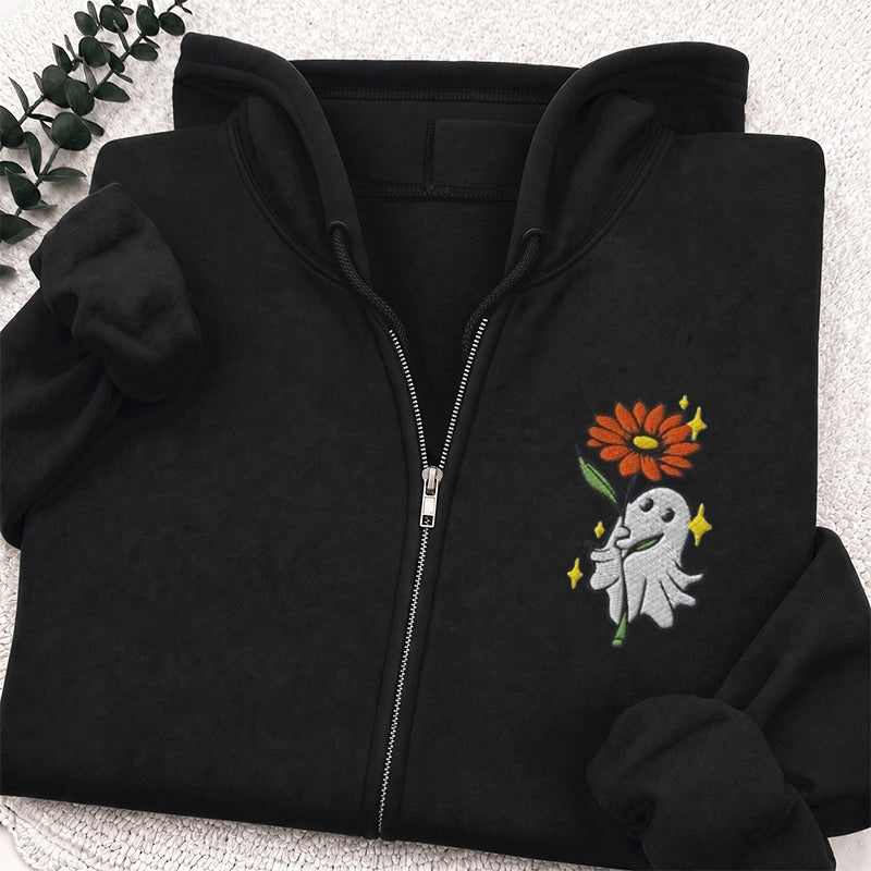 Embroidered Ghost Holding a Flower Classic Adult Unisex Full Zip Hoodie