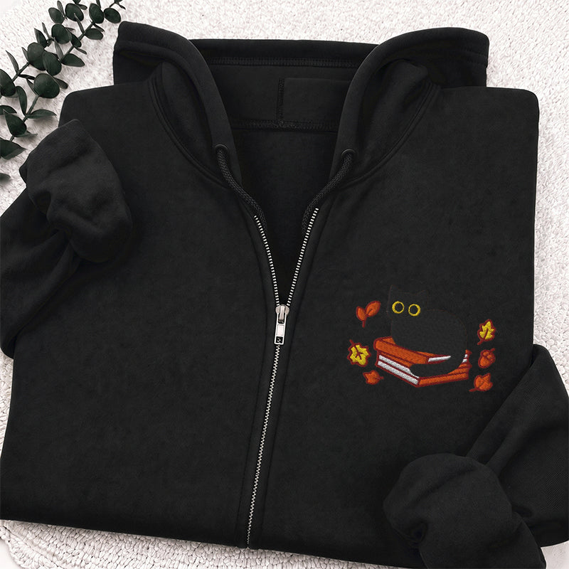Embroidered Autumn Black Cat Book Classic Adult Unisex Full Zip Hoodie