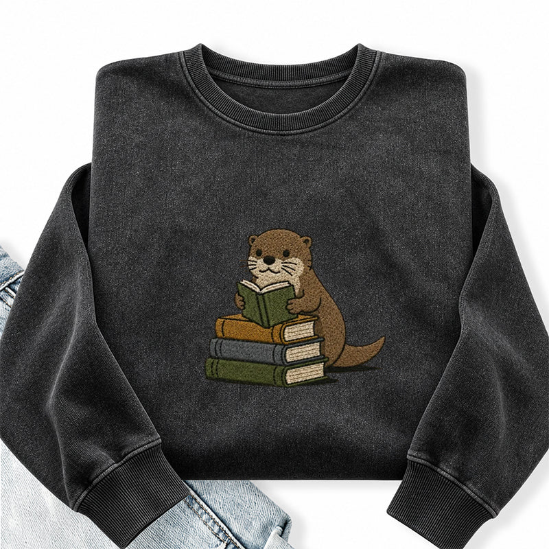 Embroidered Reading Otter Washed Crewneck Sweatshirt