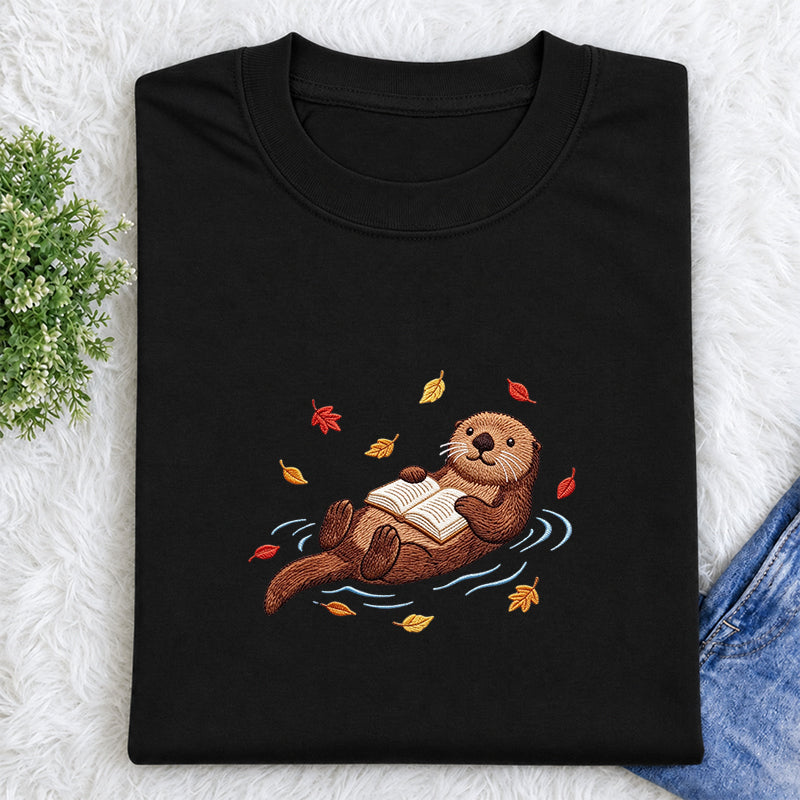 Embroidered Otter Reading Book Classic Crew Neck T-Shirt