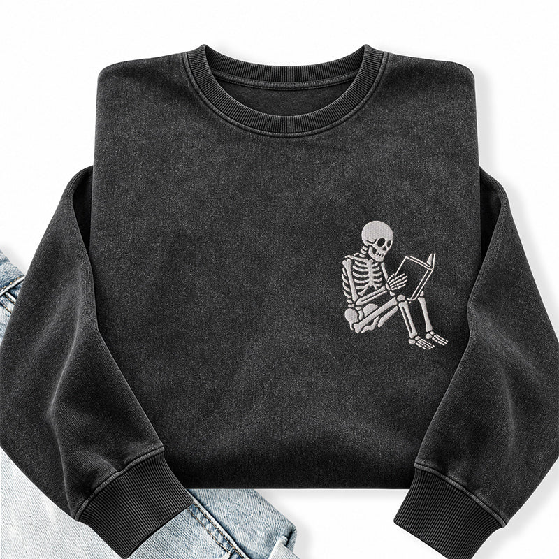 Embroidered Reading Skeleton Washed Crewneck Sweatshirt