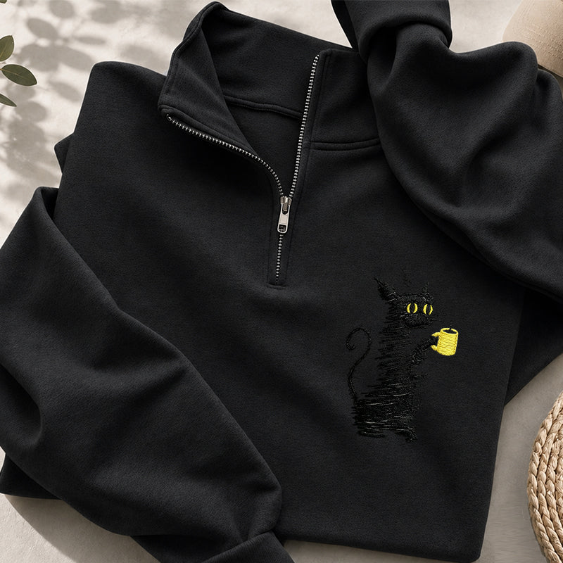 Embroidered Coffee Black Cat Classic Quarter Zip Sweatshirt