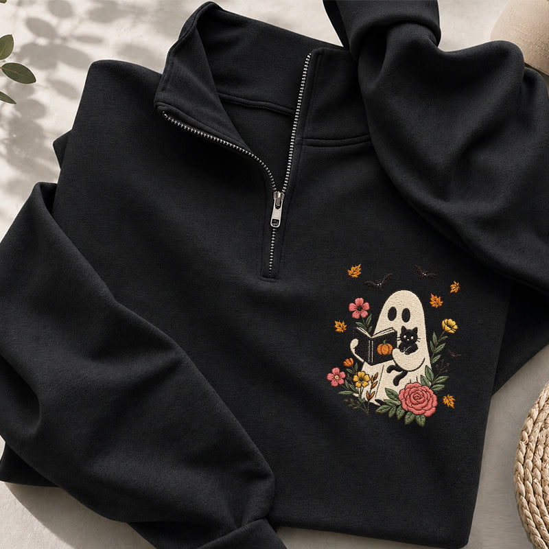 Embroidered Floral Ghost Reading Classic Quarter Zip Sweatshirt