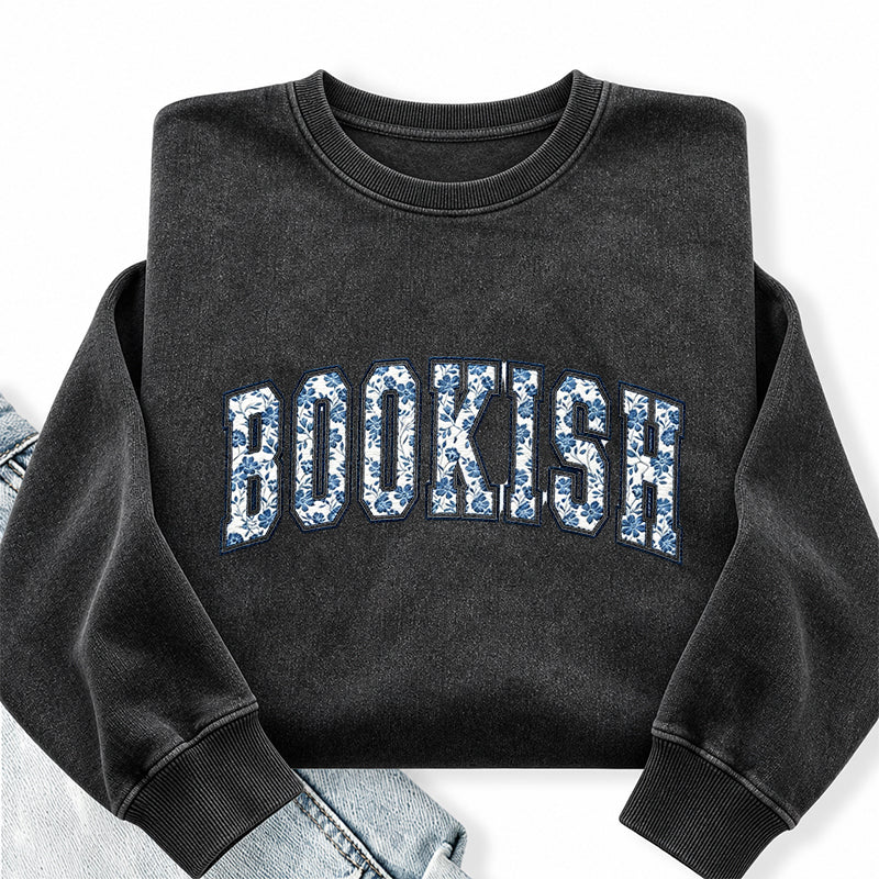 Embroidered Retro Bookish Washed Crewneck Sweatshirt
