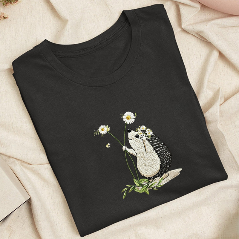 Embroidered Hedgehog Daisy Classic Adult Unisex Crew Neck T-Shirt