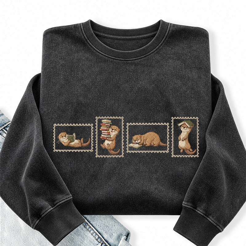 Embroidered Otter Reading Washed Crewneck Sweatshirt