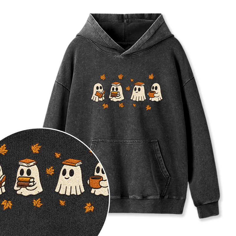 Embroidered Autumn Bookish Ghost Washed Hoodie