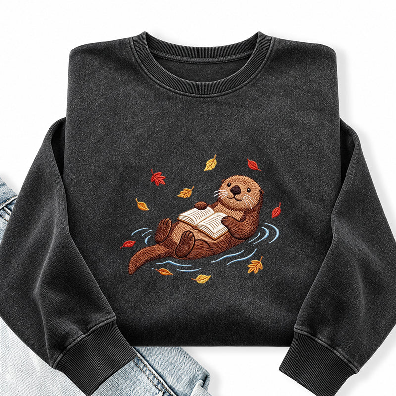 Embroidered Otter Reading Book Washed Crewneck Sweatshirt
