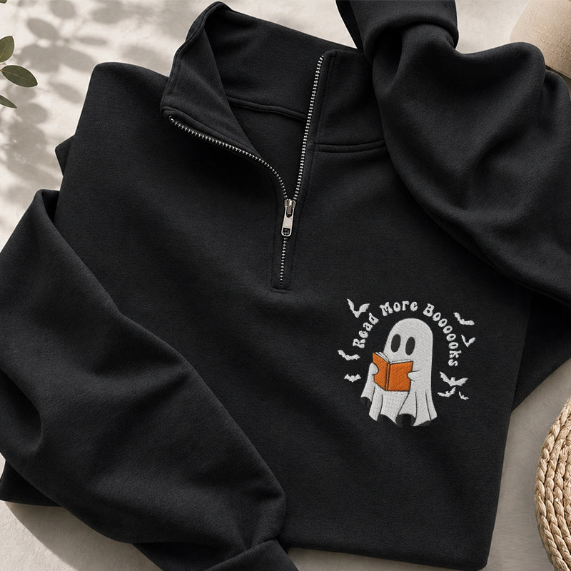 Embroidered Read More Boooooks Classic Quarter Zip Sweatshirt