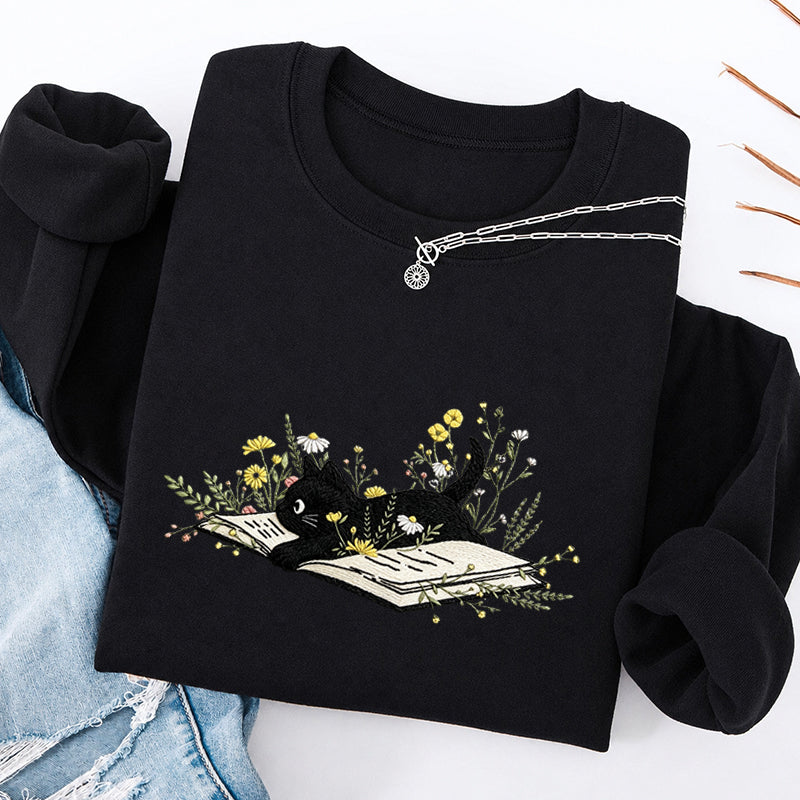 Embroidered Floral Book Cat Classic Crewneck Sweatshirt