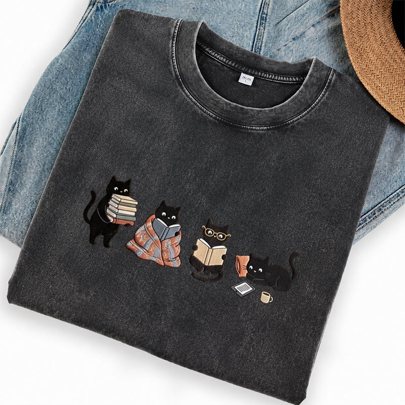 Embroidered Bookish Black Cats Washed Crew Neck T-Shirt