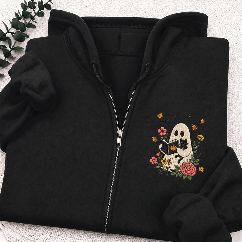 Embroidered Floral Ghost Reading Classic Full Zip Hoodie