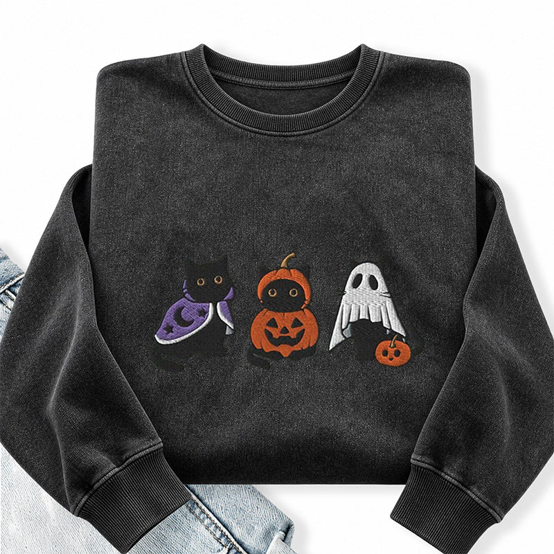 Embroidered Funny Halloween Black Cats Washed Crewneck Sweatshirt