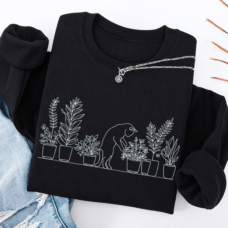 Embroidered Cat and Plant Lover Classic Crewneck Sweatshirt