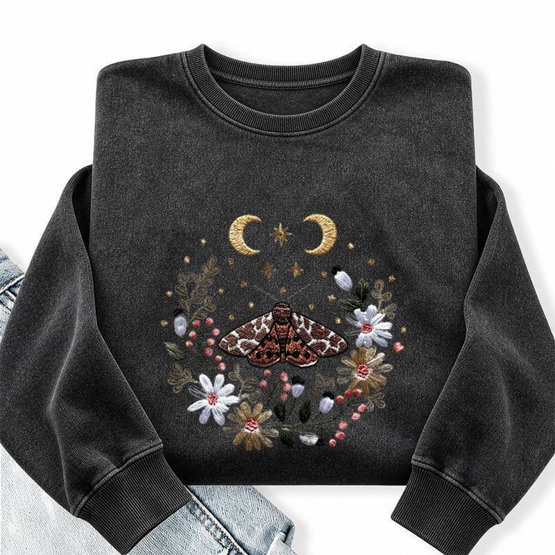 Embroidered Cottagecore Moth Washed Crewneck Sweatshirt