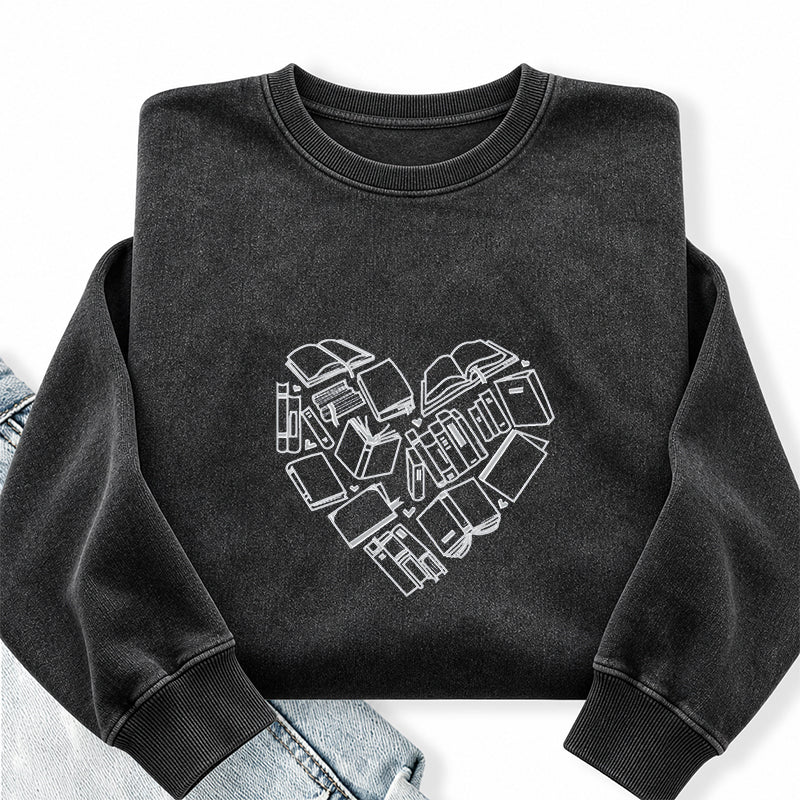 Embroidered Book Heart Washed Crewneck Sweatshirt