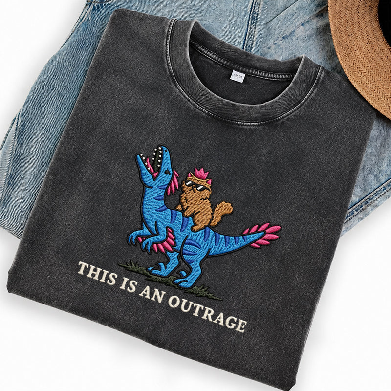 Embroidered This Is An Outrage Book Lover Washed Crew Neck T-Shirt