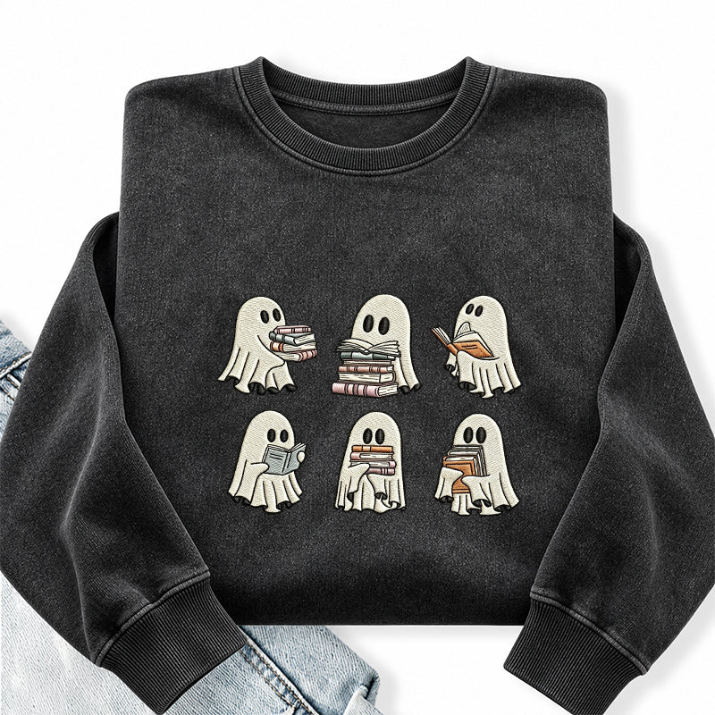 Embroidered Halloween Ghost Book Washed Crewneck Sweatshirt