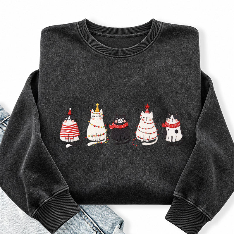 Embroidered Cute Cat Christmas Washed Crewneck Sweatshirt