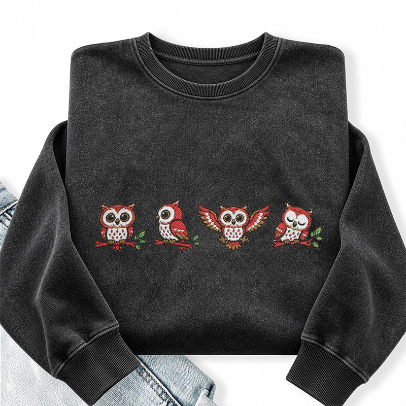 Embroidered Woodland Owls Washed Crewneck Sweatshirt