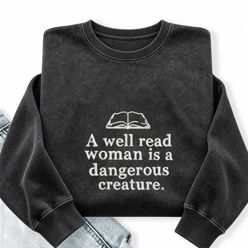 Embroidered A Well Read Woman Washed Crewneck Sweatshirt