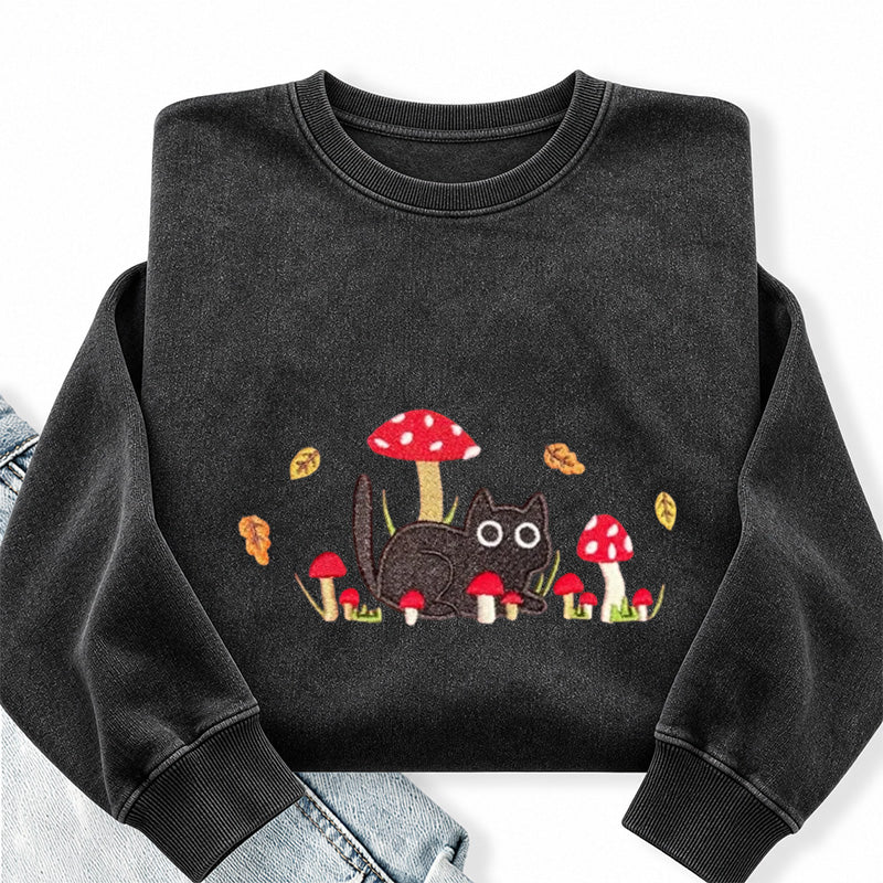 Embroidered Mushroom Cat Washed Crewneck Sweatshirt