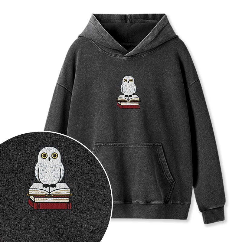 Embroidered Snow Owl On Bookstack Washed Hoodie