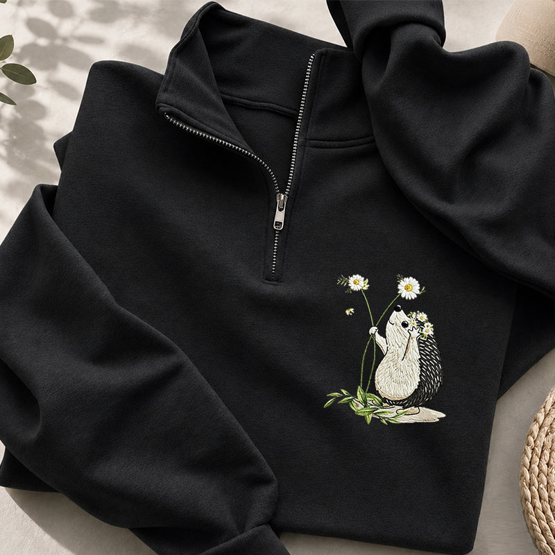 Embroidered Hedgehog Daisy Classic Quarter Zip Sweatshirt