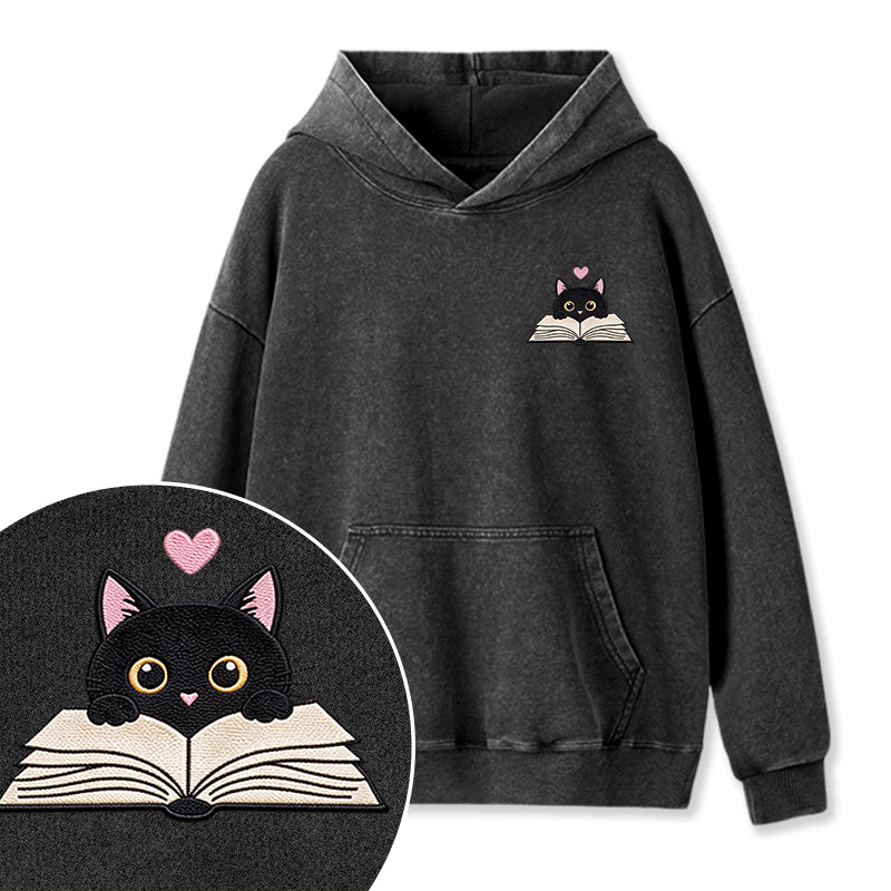 Embroidered Reading Black Cat Washed Hoodie