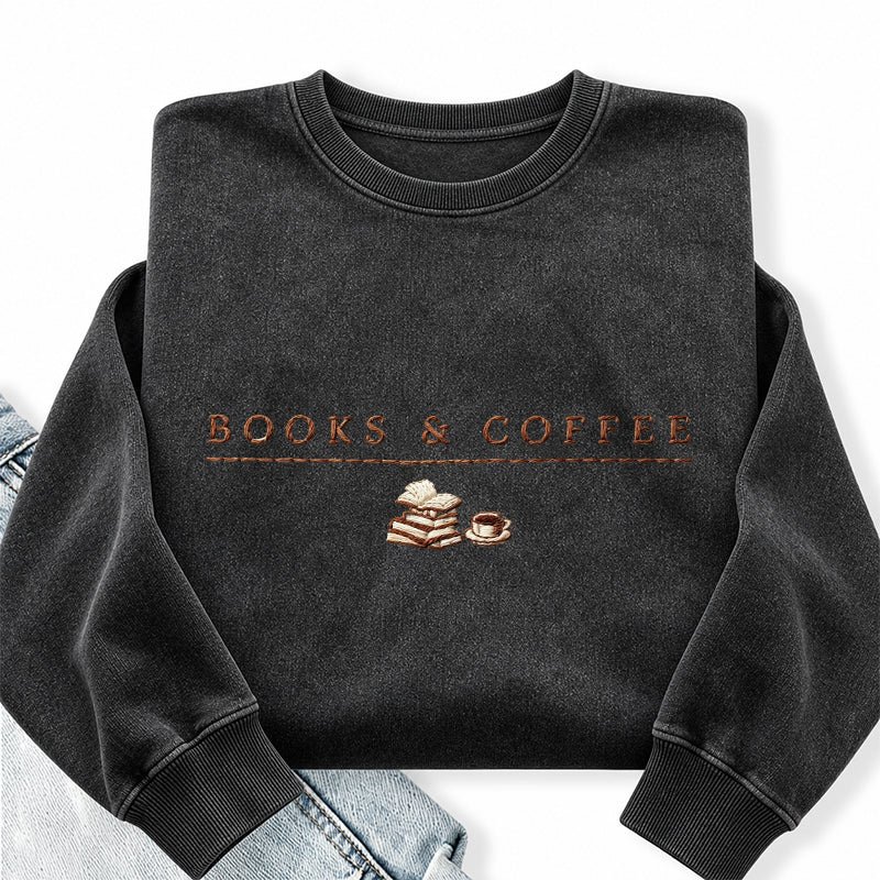 Embroidered Book & Coffee Washed Crewneck Sweatshirt