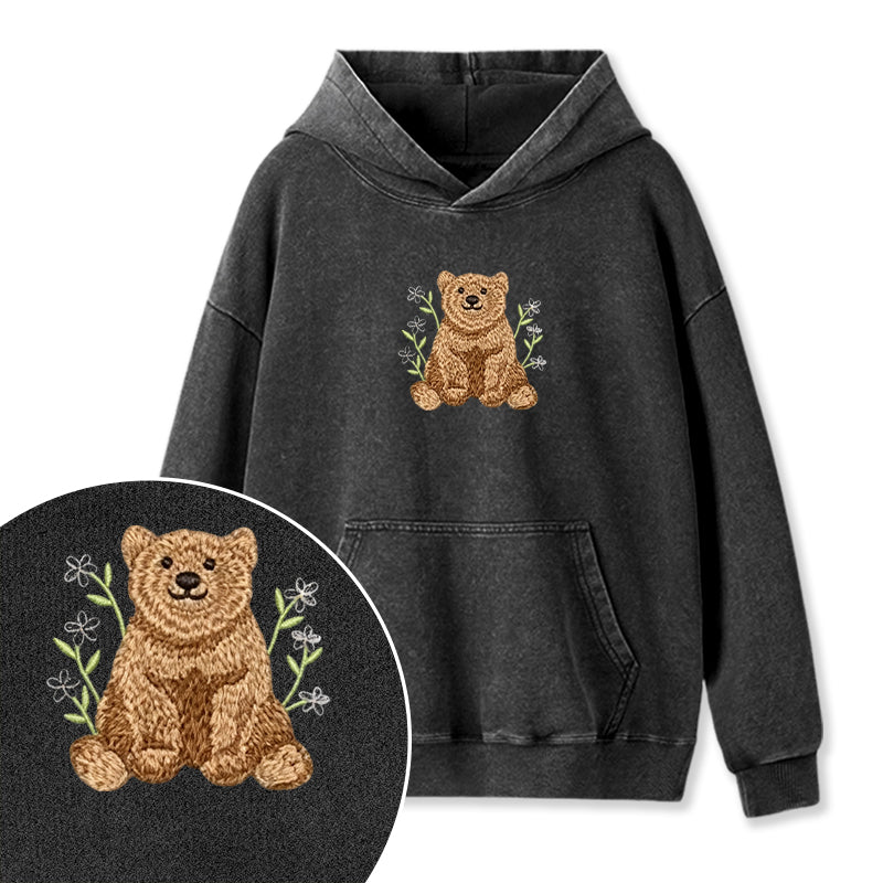 Embroidered Floral Bear Washed Hoodie