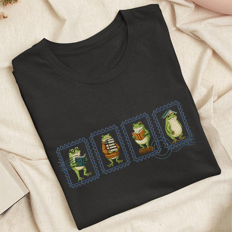 Embroidered Bookish Frog Stamp Classic Adult Unisex Crew Neck T-Shirt