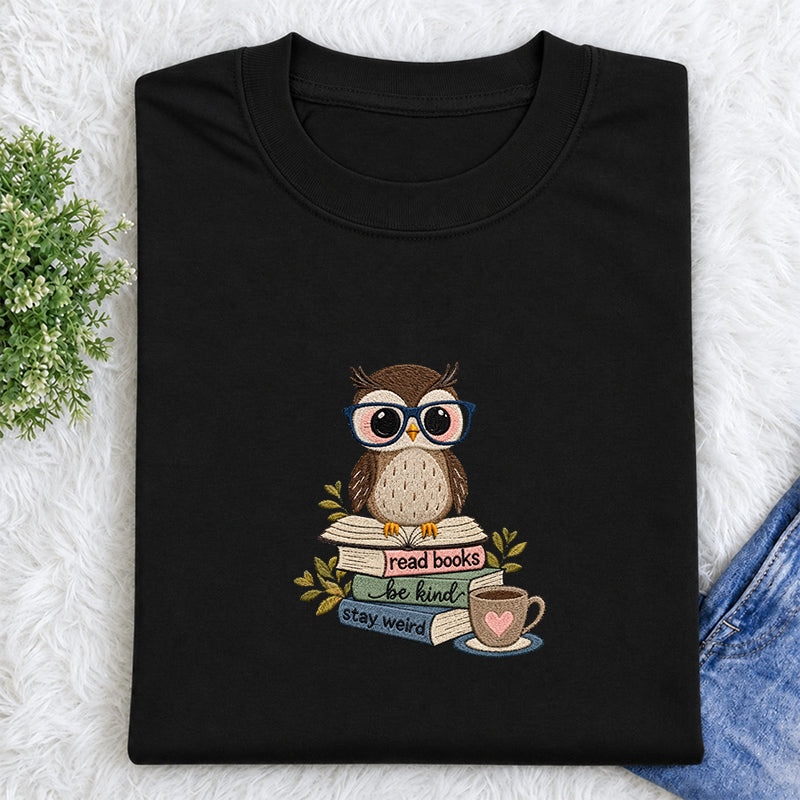 Embroidered Read Books Be Kind Owl Classic Crew Neck T-Shirt