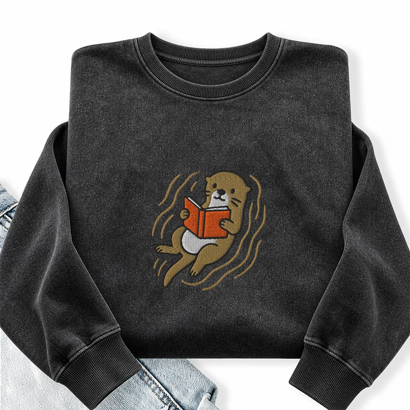 Embroidered Otter Read Book Washed Crewneck Sweatshirt