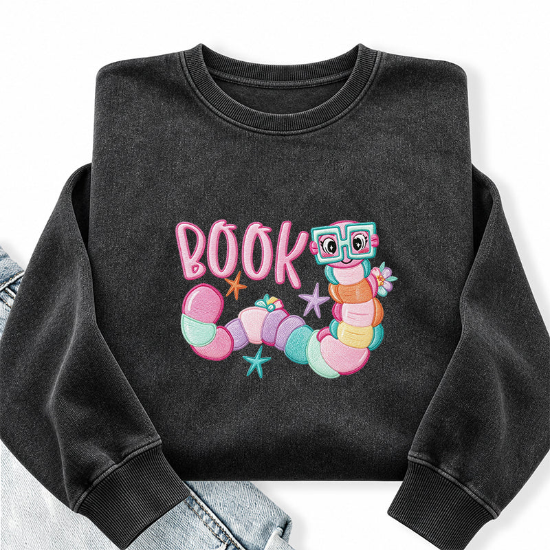 Embroidered Reading Book Worm Washed Crewneck Sweatshirt
