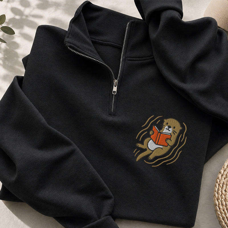 Embroidered Reading Otter Classic Quarter Zip Sweatshirt